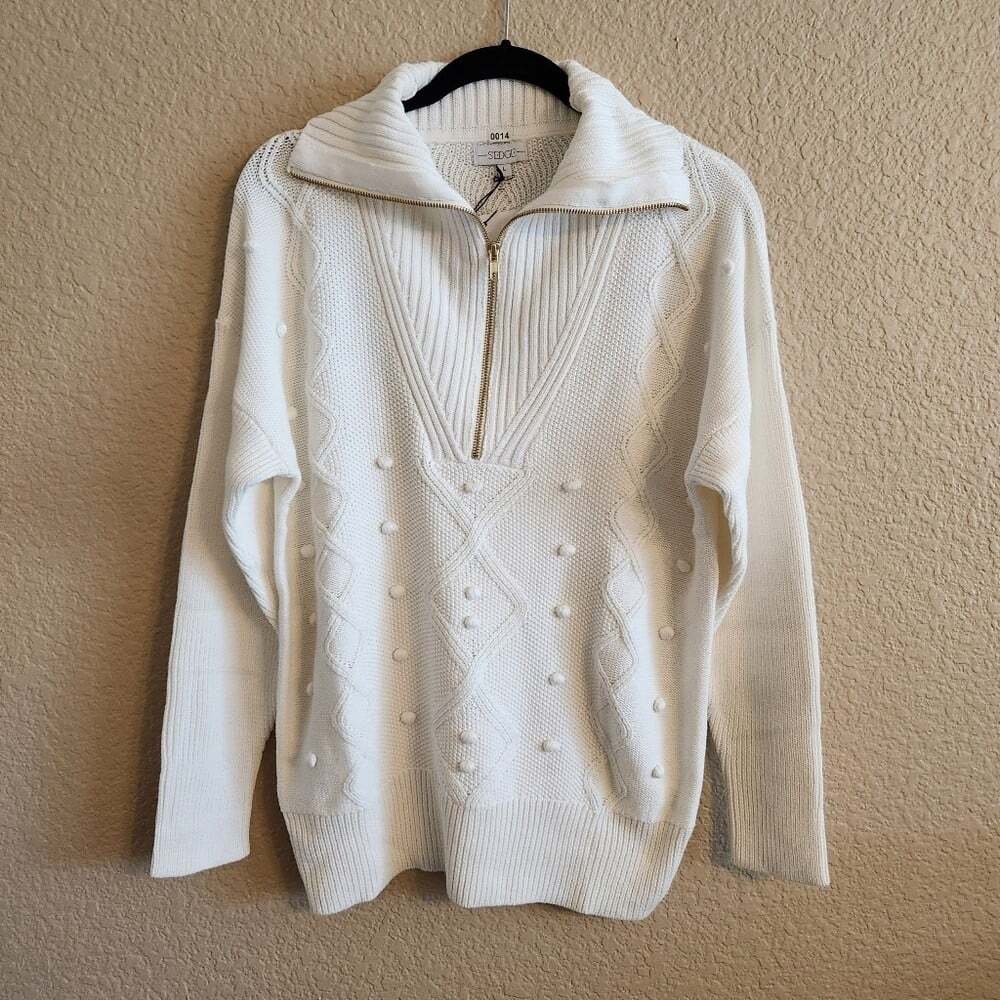 Sedge Gemma Cable Knit Half Zip Collar Womens Sweater L New #QuietLuxury